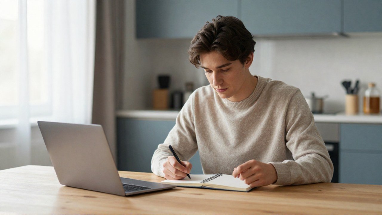 Persona joven organiza sus finanzas personales en una mesa de madera con una laptop y libreta.