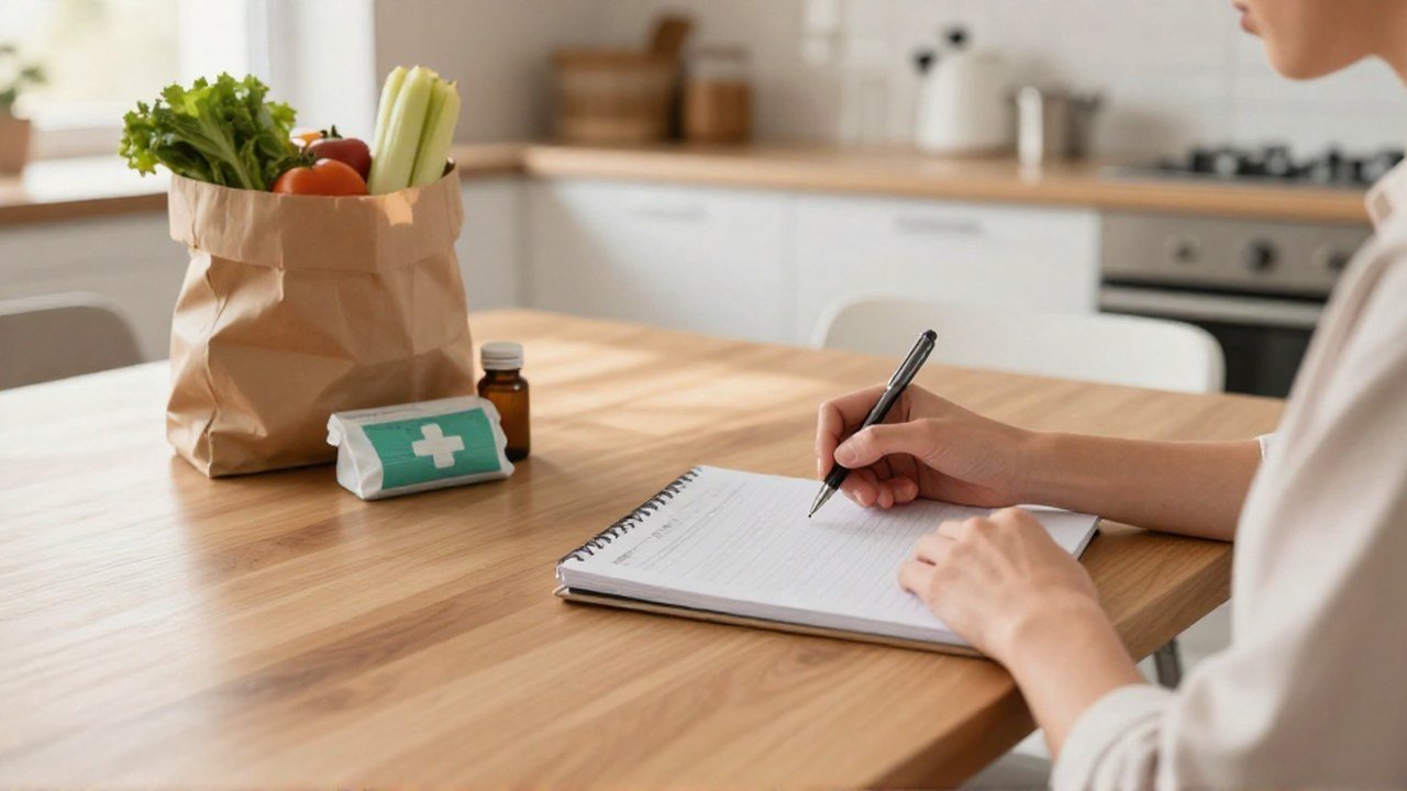 Persona organiza sus gastos mensuales en un cuaderno junto a productos básicos de primera necesidad.