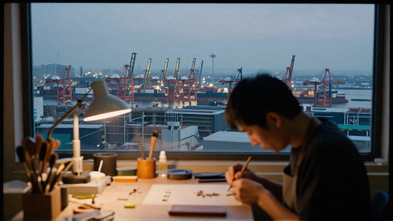 Artesano trabajando en un taller artesanal frente a un extenso puerto industrial y una ciudad.