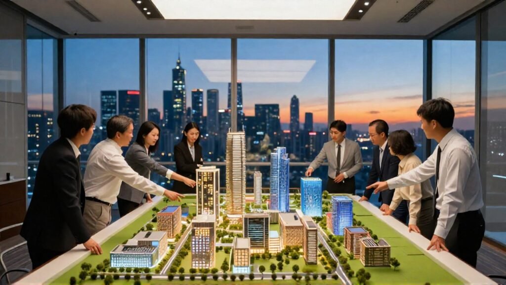 Profesionales analizan una maqueta de una ciudad moderna con centros de energía y tecnología.