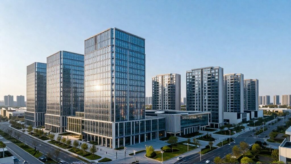 Complejo de edificios de oficinas y torres residenciales en un entorno urbano con zonas verdes.