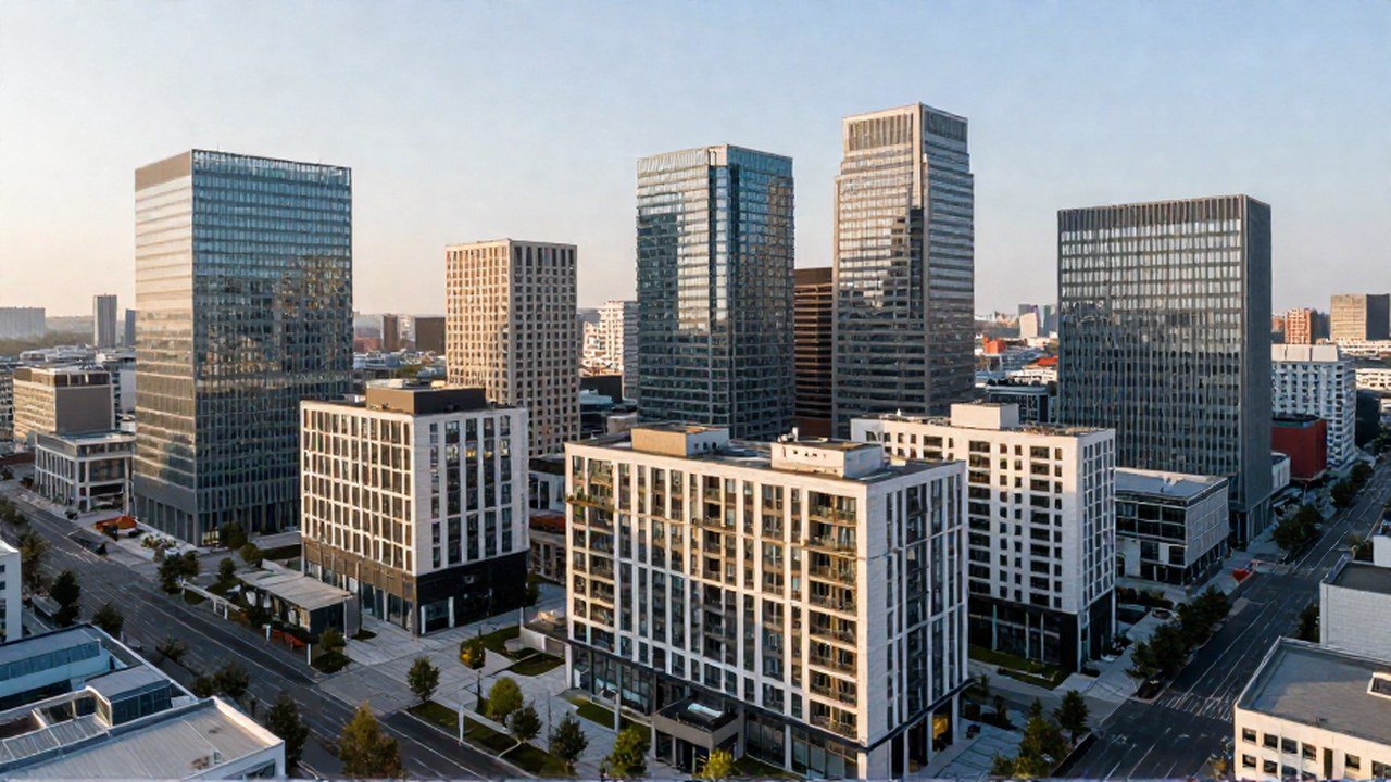 Mezcla de edificios de oficinas, apartamentos y locales comerciales en un entorno urbano moderno.