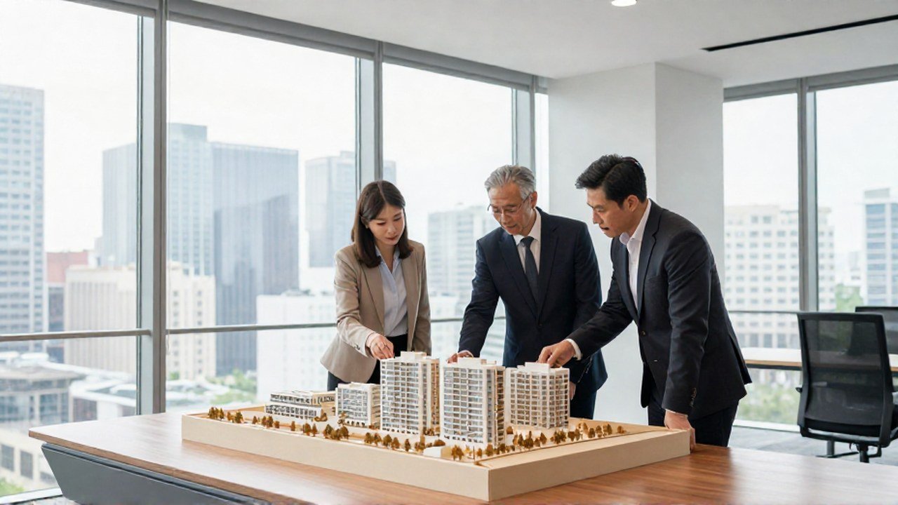Tres profesionales financieros analizan una maqueta arquitectónica en una oficina con vistas urbanas.