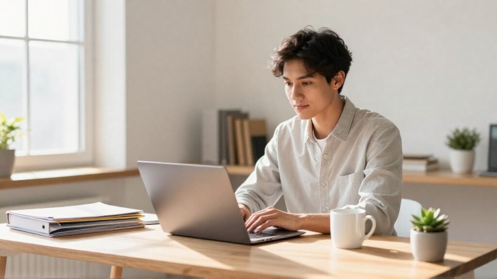 Joven concentrado frente a una laptop en un escritorio de oficina ordenado y luminoso.