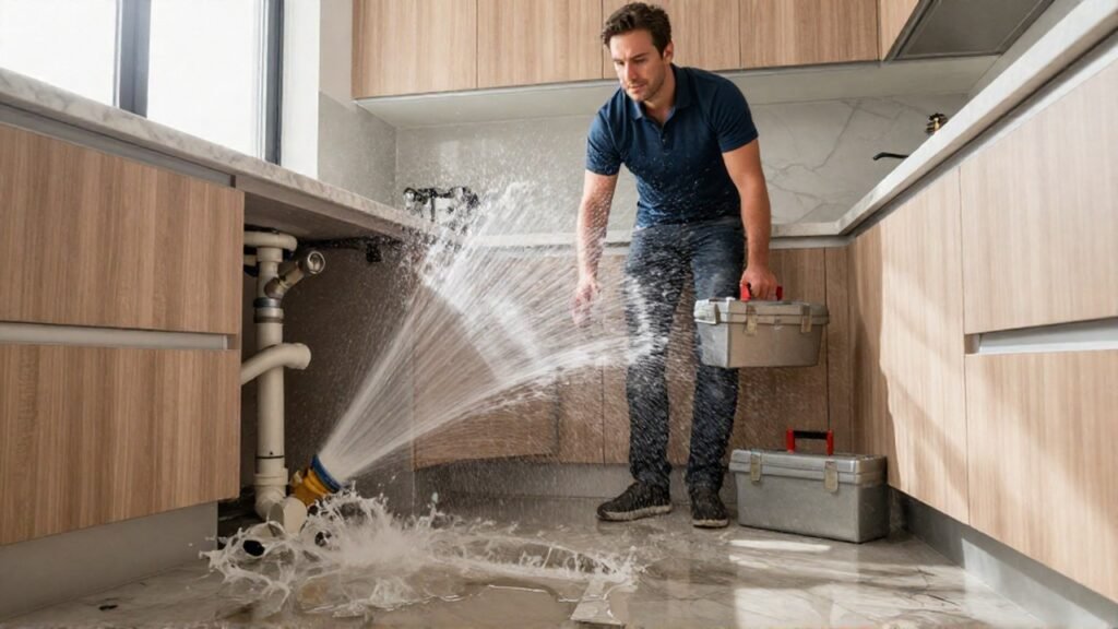 Hombre con una caja de herramientas observa una tubería de agua rota en una cocina.