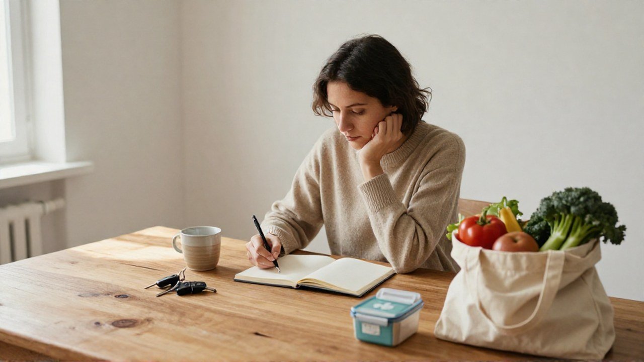 Mujer concentrada ante un cuaderno, llaves y víveres sobre una mesa de madera.