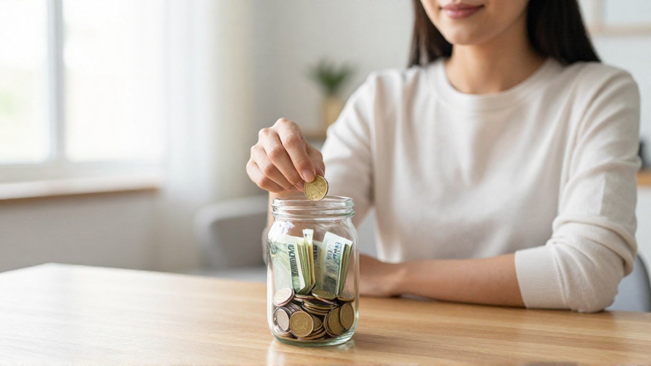Una mujer deposita una moneda en un frasco de cristal con ahorros sobre una mesa.