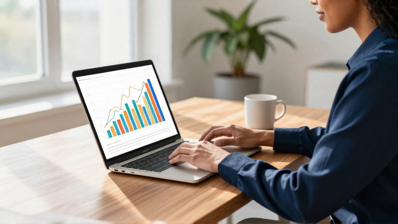 Persona frente a una laptop con gráficos de tendencias financieras en una oficina minimalista.