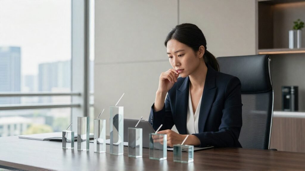 Analista financiera observando esculturas de cristal que representan tendencias de datos en una oficina.