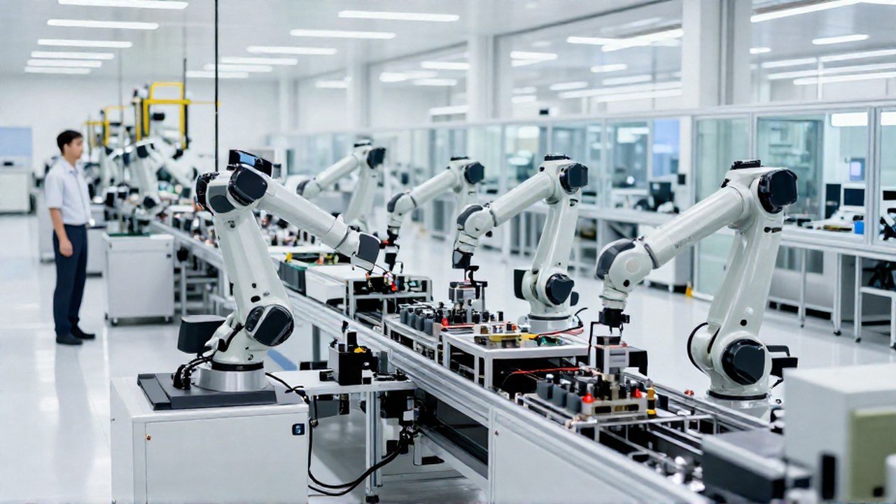 Línea de producción automatizada con brazos robóticos en una moderna planta industrial.