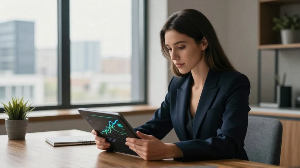 Mujer joven analiza visualizaciones de datos financieros en una tableta en una oficina moderna.