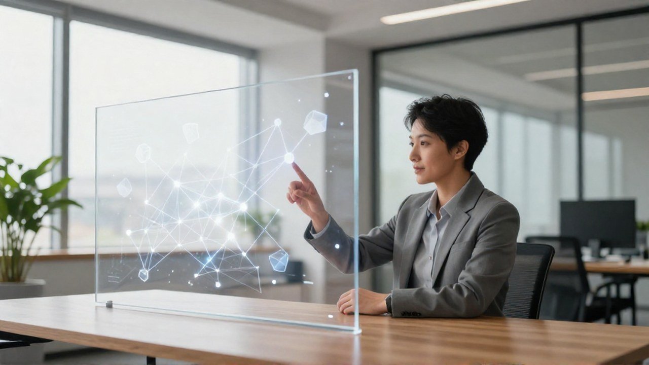 Persona analizando nodos geométricos en una pantalla de cristal transparente en una oficina moderna.