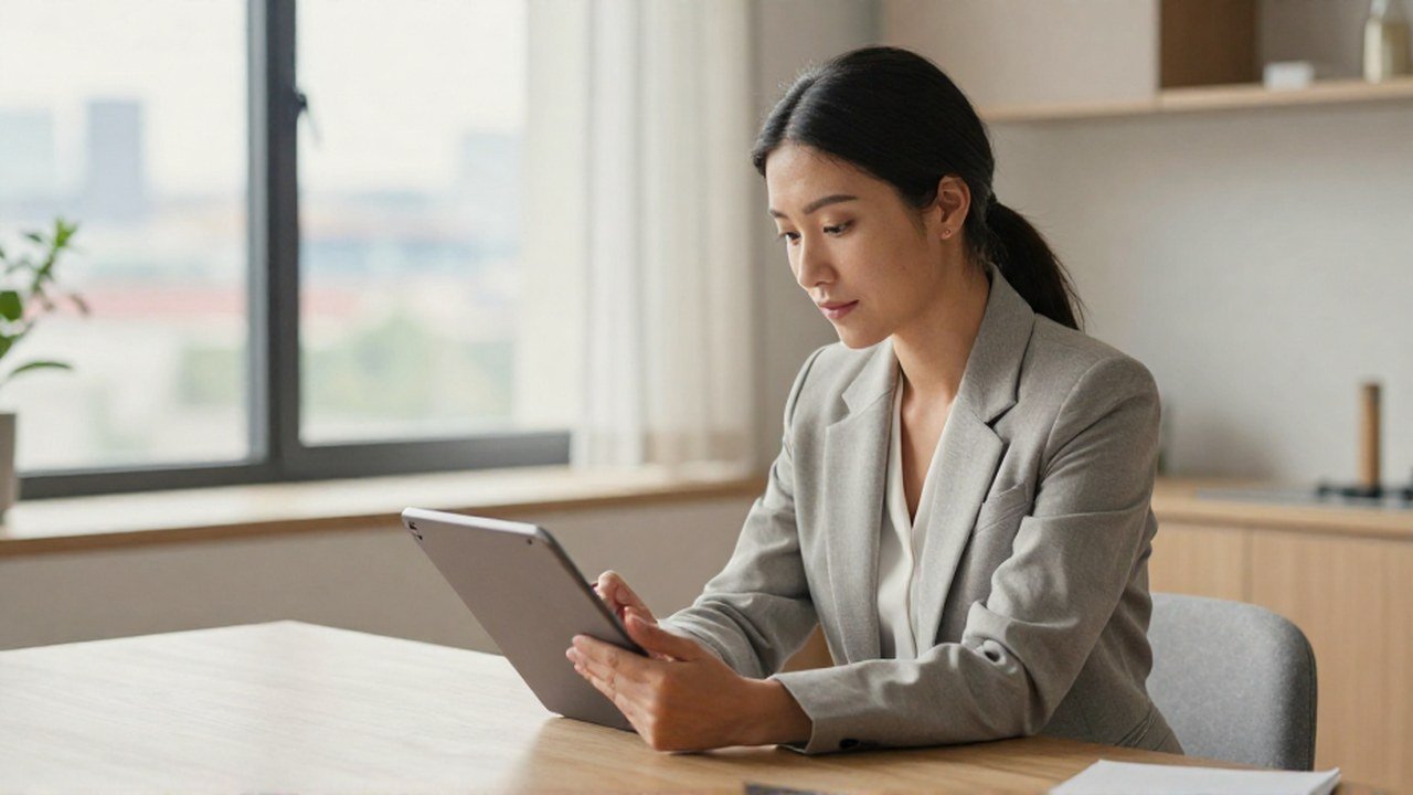 Mujer revisa con concentración información financiera en una tableta en una oficina moderna.