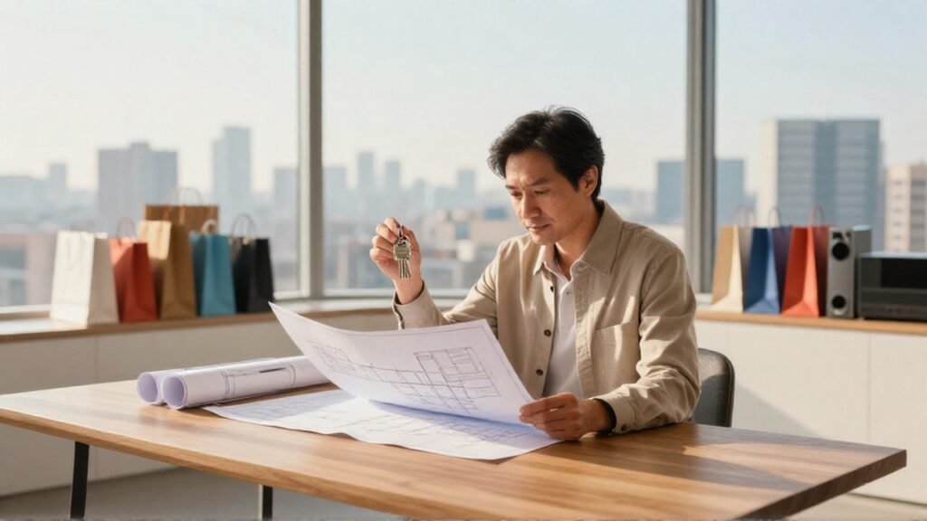 Un hombre sostiene planos arquitectónicos y llaves en un estudio moderno con vistas a la ciudad.