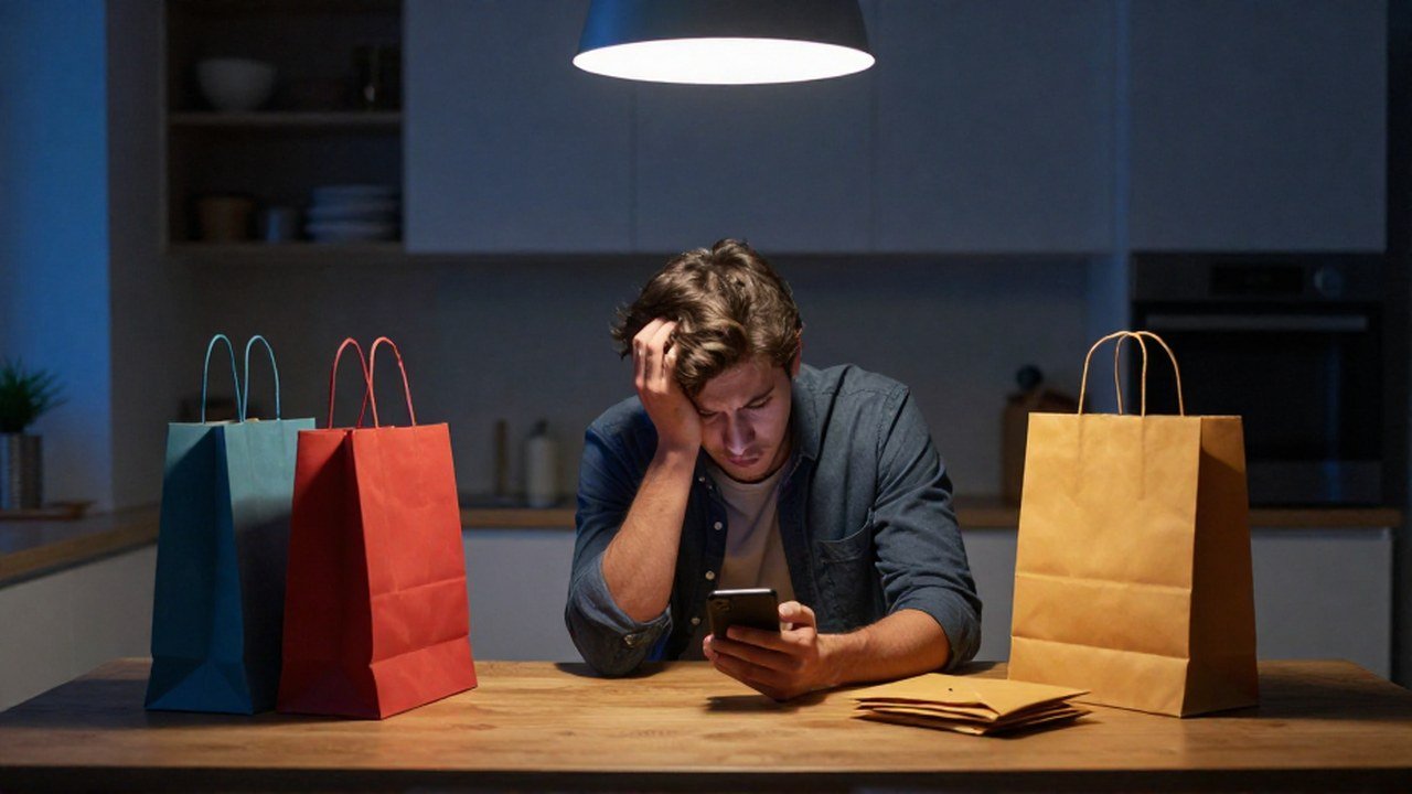 Persona con expresión de estrés mira su teléfono junto a bolsas de compras y sobres.