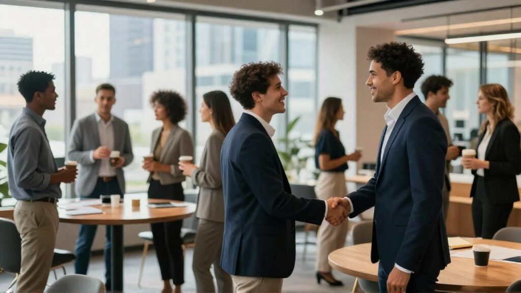 Profesionales diversos se dan la mano en un salón de negocios con vistas urbanas.