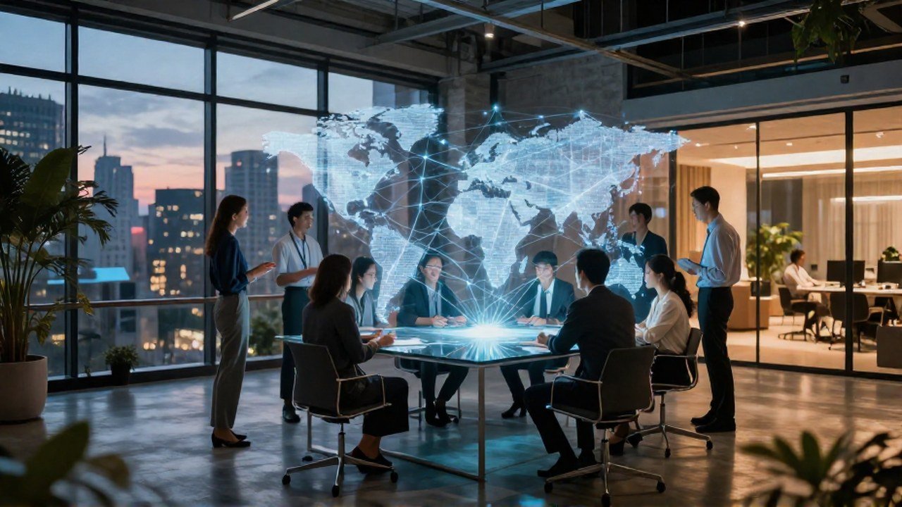Profesionales colaboran en un espacio de innovación con proyecciones digitales de una red de conectividad global.