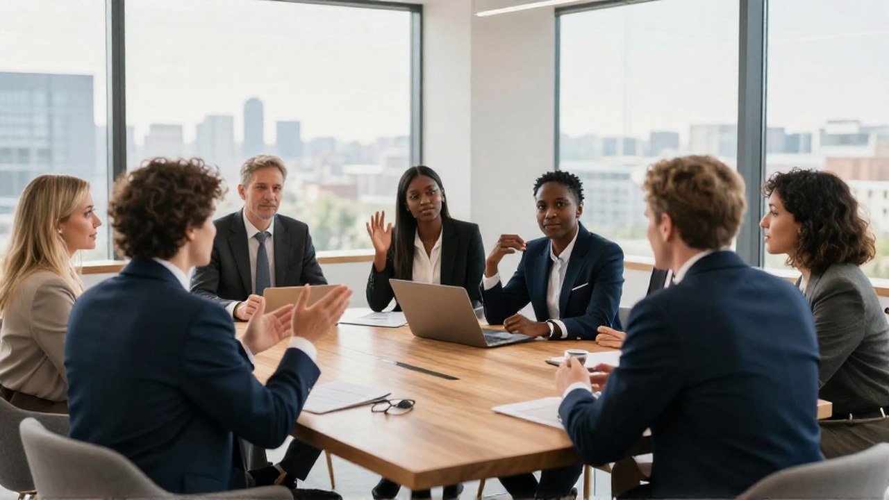 Diversos profesionales colaboran en una reunión de networking en un salón corporativo moderno.