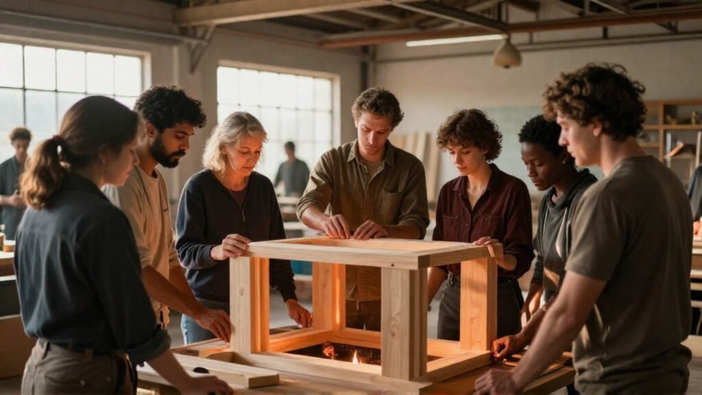 Diversas personas trabajan colaborativamente en una estructura de madera en un taller industrial.