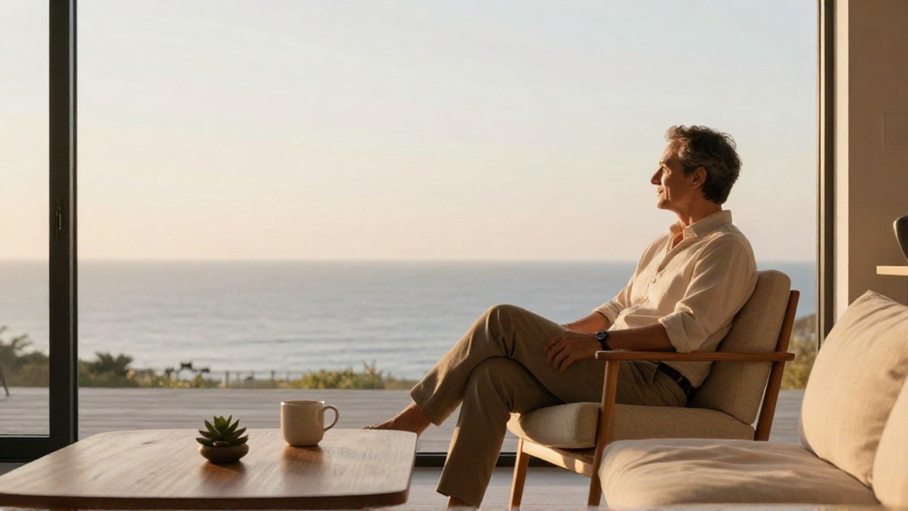 Una persona contempla tranquilamente el horizonte marino desde una sala de estar moderna.