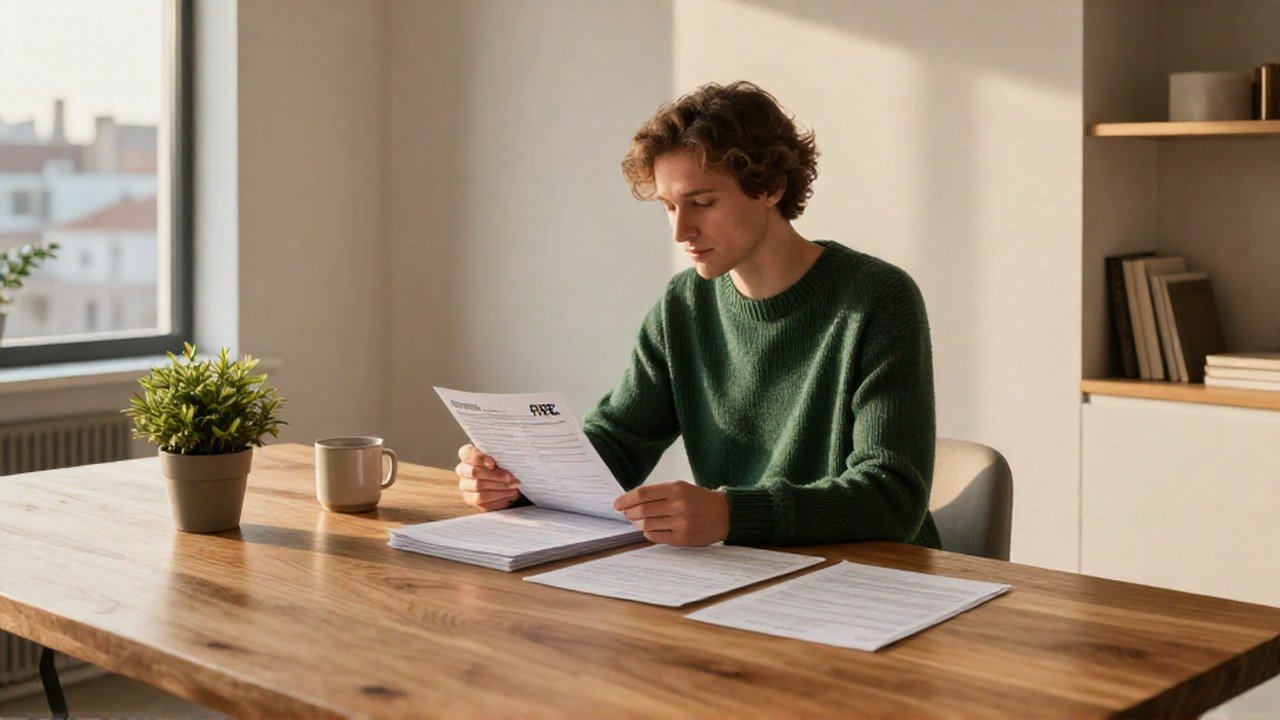 Una persona revisa registros de papel sobre una mesa de madera en un apartamento luminoso.