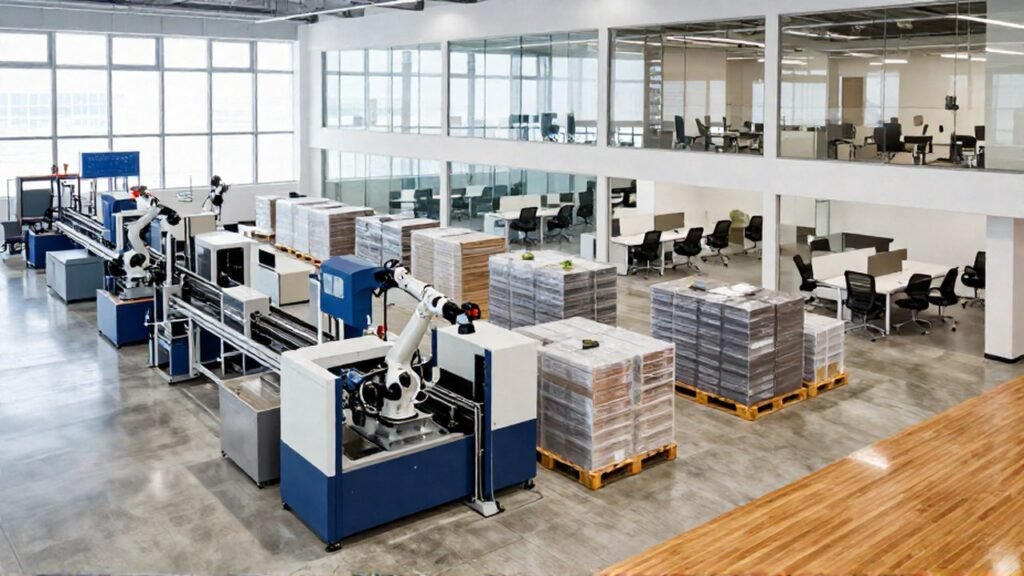 Planta de fabricación con maquinaria industrial integrada con una oficina corporativa moderna y minimalista.