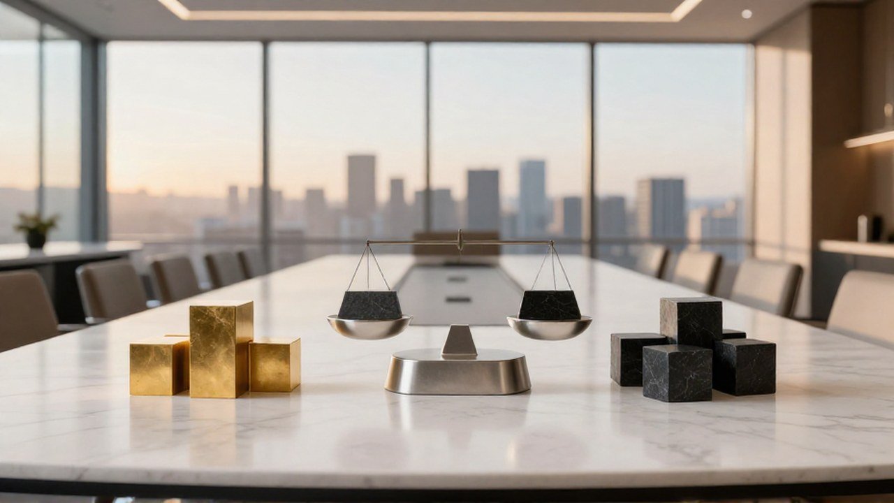 Esculturas geométricas sobre una mesa de mármol en una sala de juntas corporativa.