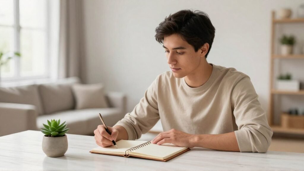 Joven adulto concentrado frente a un cuaderno y una pequeña planta en un escritorio iluminado.