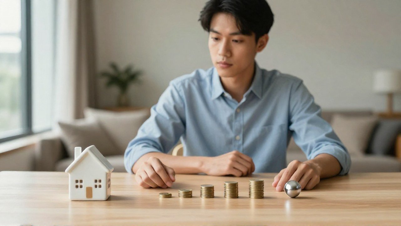 Persona joven contempla una casa en miniatura y monedas de oro sobre un escritorio de madera.