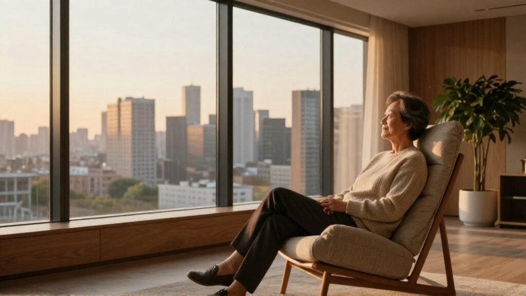 Persona recostada en un sillón de un apartamento mirando el horizonte de la ciudad.