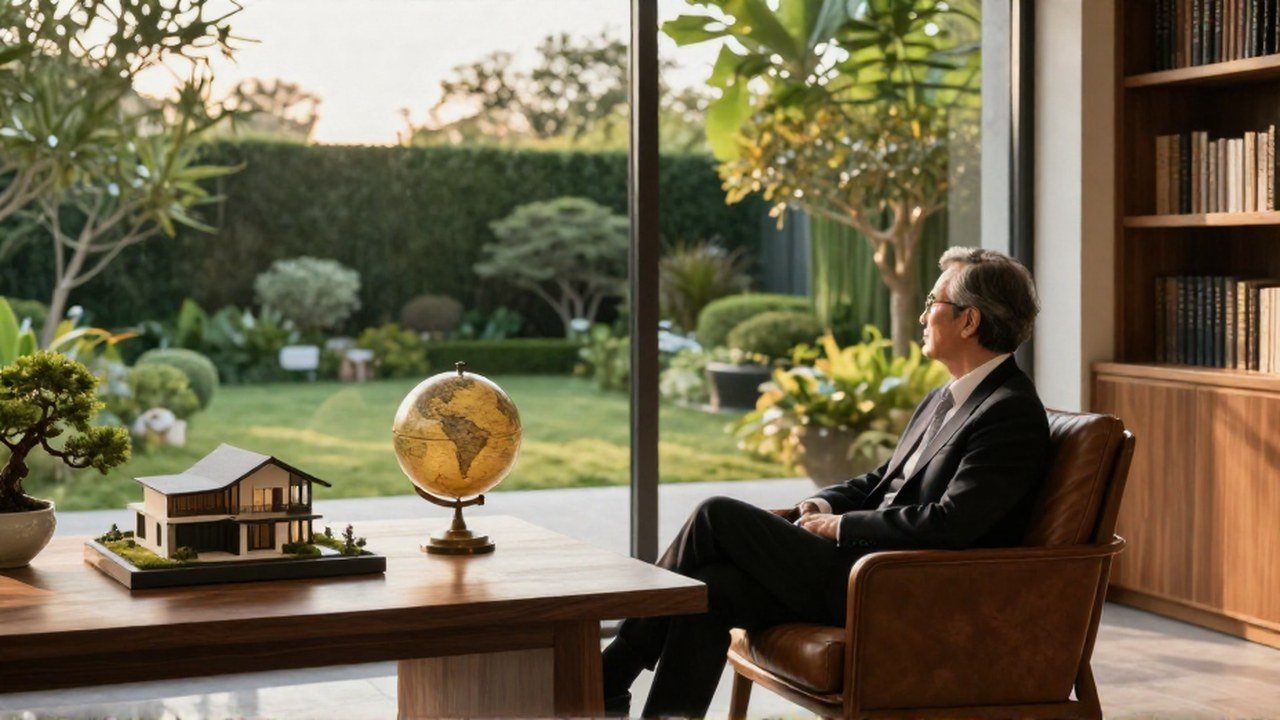 Persona observa un jardín desde una biblioteca con una maqueta de casa, un globo y un bonsái.